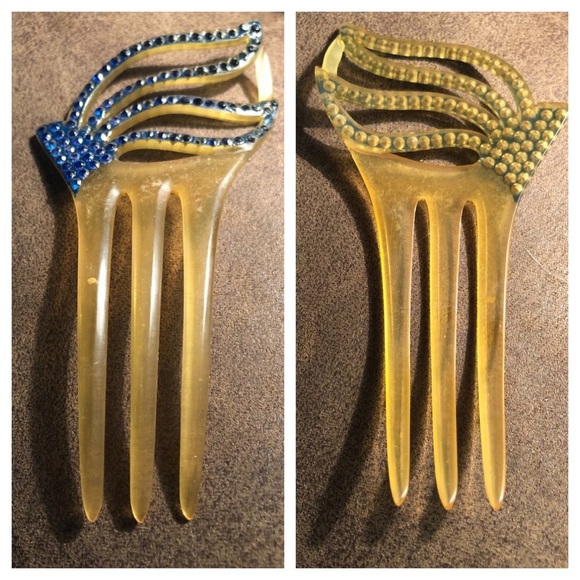 Vintage Art Deco Blue Rhinestone Celluloid Hair Comb